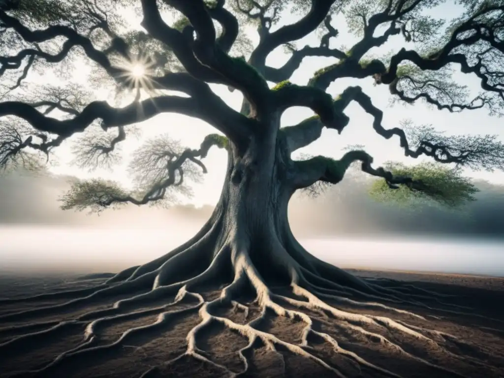 Un árbol en silueta en blanco y negro con raíces detalladas se entrelaza con versos poéticos, simbolizando la conexión entre naturaleza y poesía