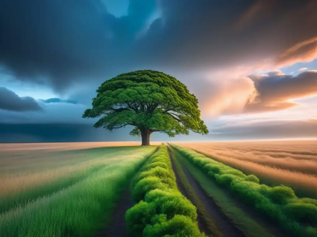 Un árbol solitario desafiando la adversidad bajo un cielo tormentoso, simbolizando la resistencia