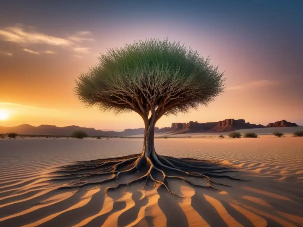 Un árbol solitario desafía la aridez del desierto al atardecer