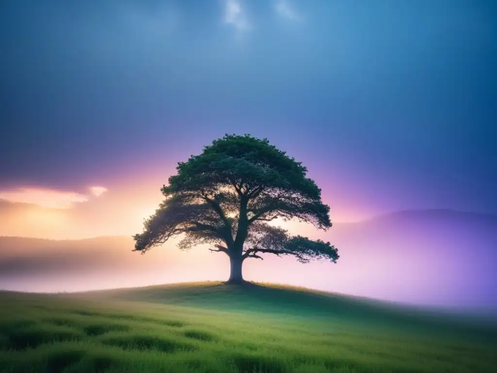 Un árbol solitario se alza en un bosque virgen, bajo un cielo de tonos pastel