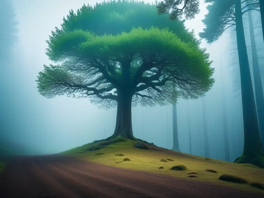 Árbol solitario en un bosque virgen, con hojas verdes vibrantes bajo cielo azul