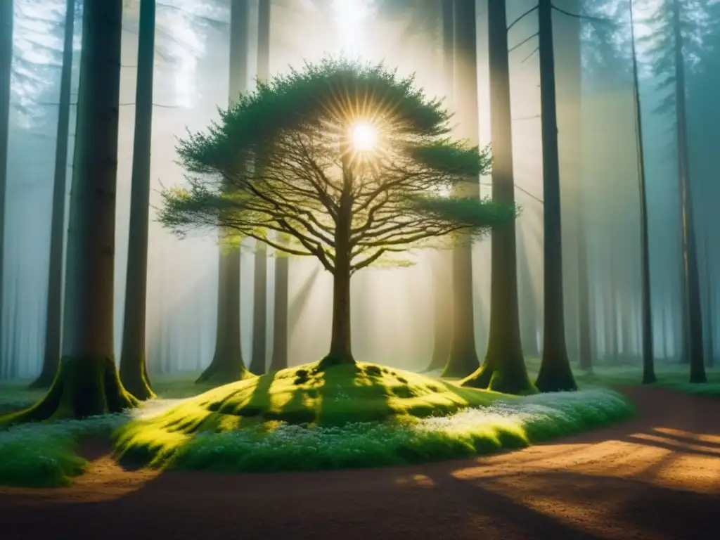 Un árbol solitario destaca en un bosque virgen, iluminado por el sol