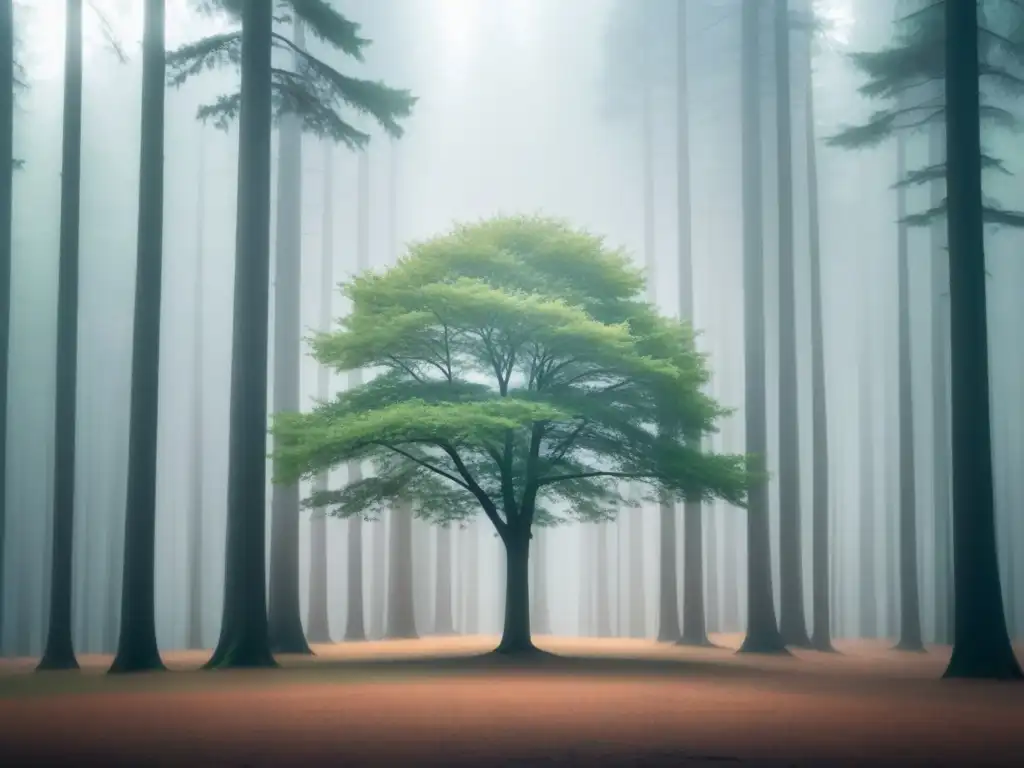 Un árbol solitario se alza en un bosque inexplorado, sus hojas susurrando al viento mientras la luz del sol filtra suavemente a través del dosel