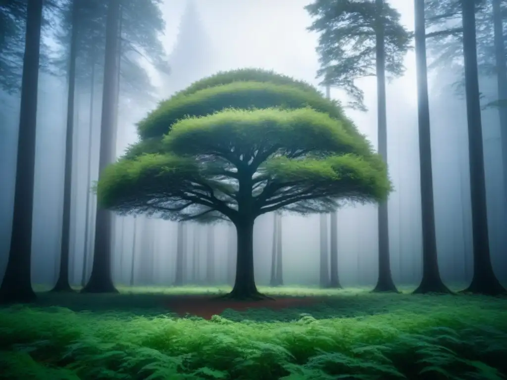 Un árbol solitario en un bosque intocado, iluminado por suave luz filtrada