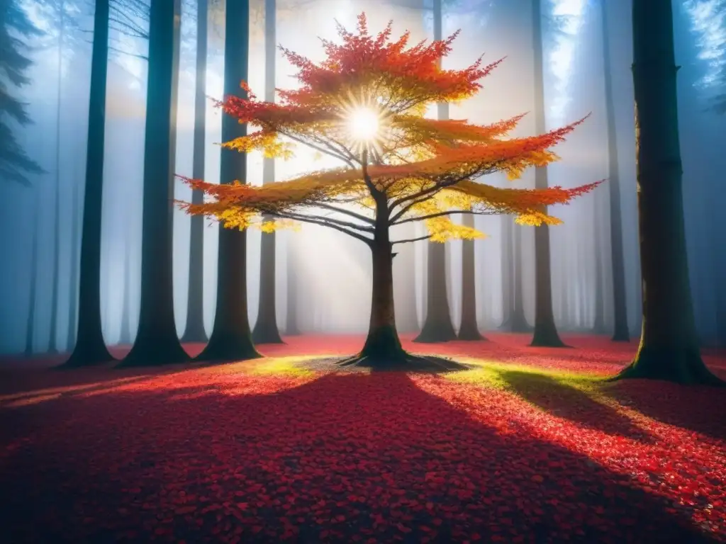 Un árbol solitario destaca en un bosque otoñal vibrante, sus hojas exhiben una paleta rica en rojos, naranjas y amarillos