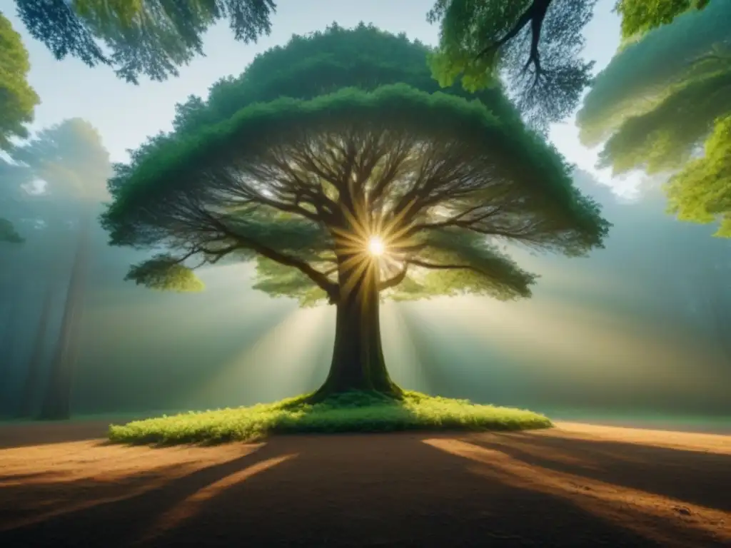 Un árbol solitario se alza en un bosque sereno, con ramas extendidas hacia el cielo