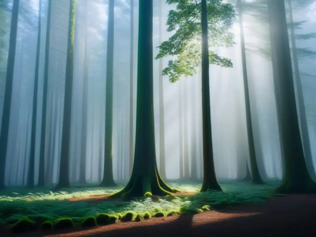 Árbol solitario en un bosque vasto y virgen, sus ramas danzando hacia el cielo en un juego de luz y sombra