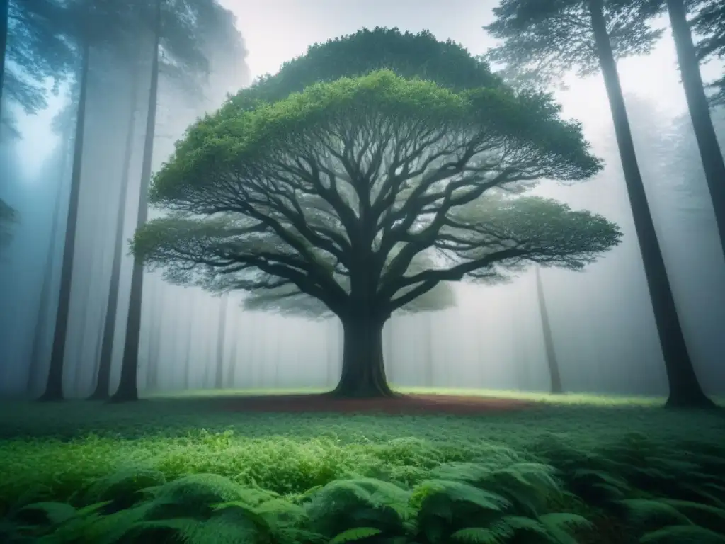 Un árbol solitario en un bosque vasto y virgen, simbolizando la fuerza y la interconexión de la naturaleza