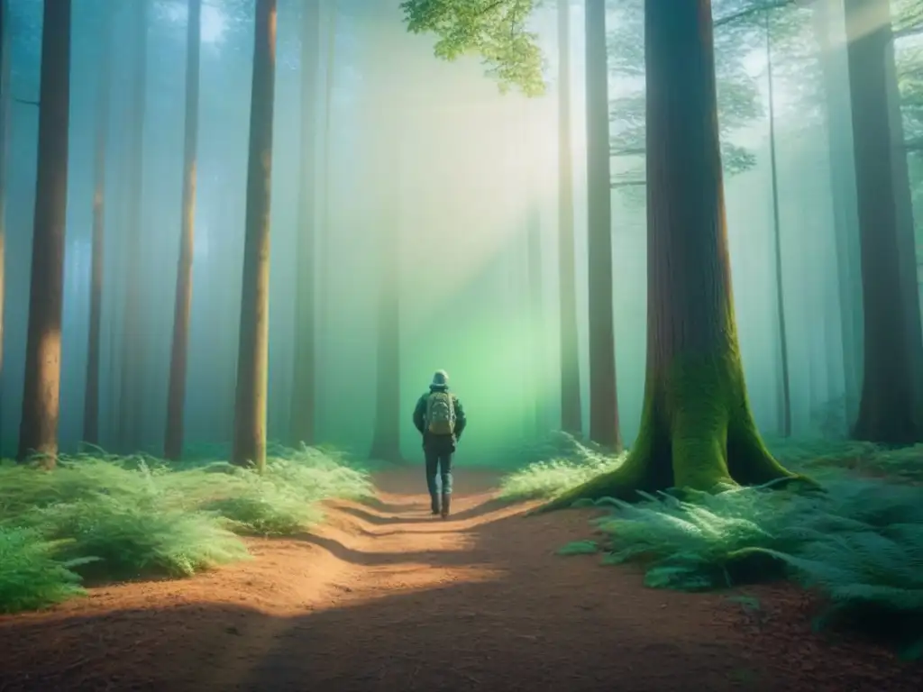 Un árbol solitario en un bosque vasto e inmaculado, con hojas verdes y luz filtrándose entre las ramas