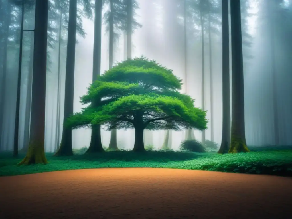 Un árbol solitario destaca en un bosque verde, con luz solar filtrándose entre las hojas