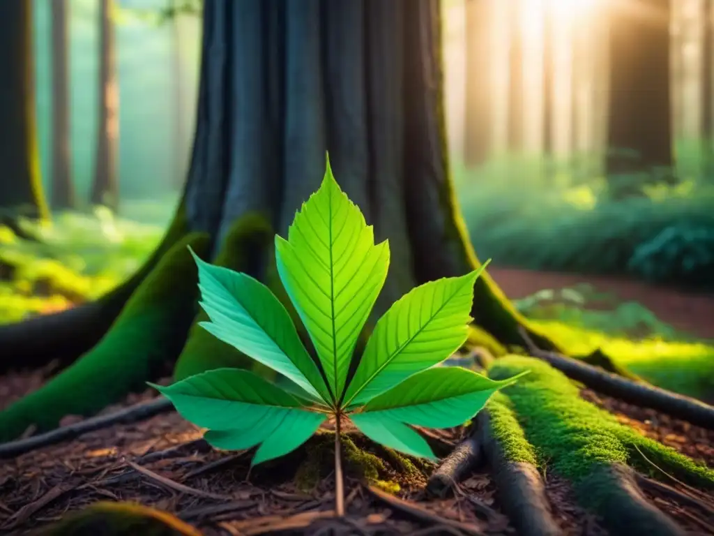 Un árbol solitario destaca en un bosque verde, con la luz del sol filtrándose entre las hojas