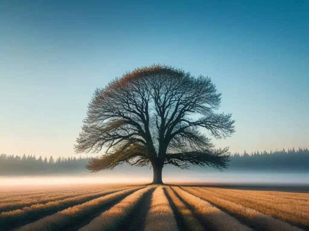 Árbol solitario en campo abierto, detalle ramas y hojas, cielo azul