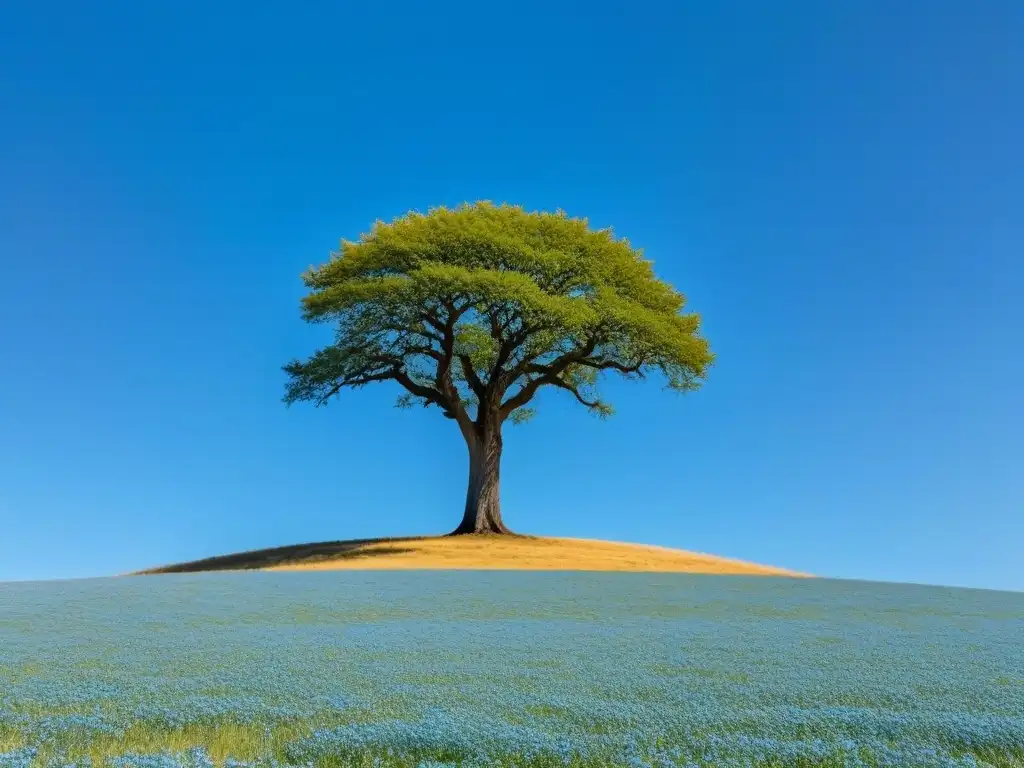 Árbol solitario en campo abierto, bajo cielo azul