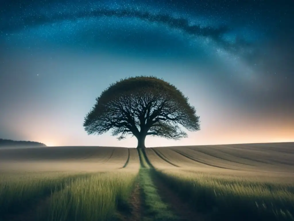 Un árbol solitario se alza en un campo bajo un cielo estrellado, evocando la invocación de la Naturaleza en Poesía
