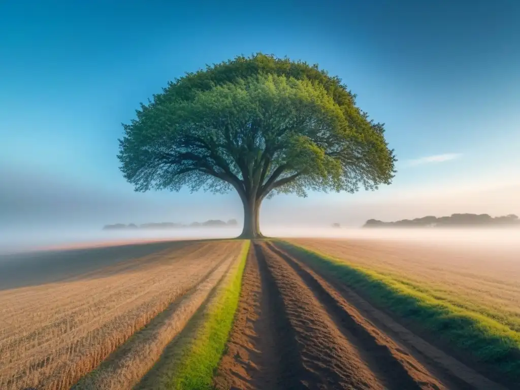 Un árbol solitario en un campo extenso, sus raíces profundas conectan con la tierra, simbolizando la unión entre la naturaleza y la poesía lírica