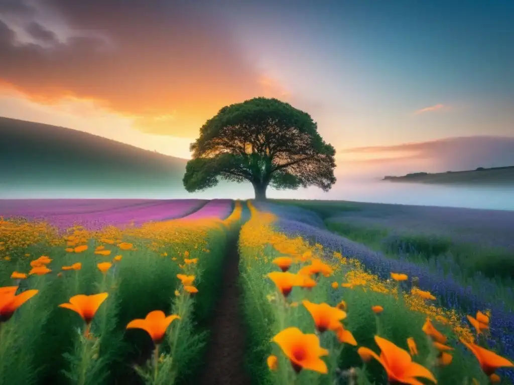 Un árbol solitario destaca en un campo de flores salvajes, simbolizando la esperanza y la resiliencia