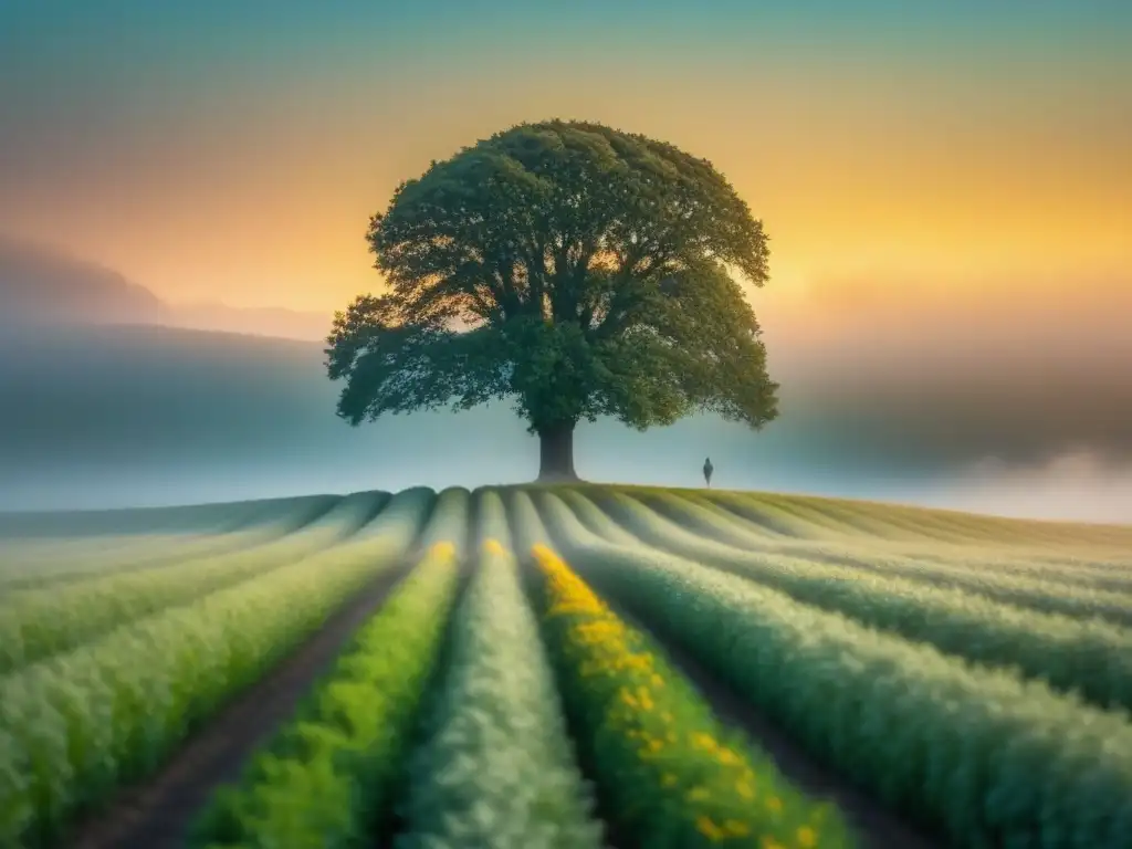 Un árbol solitario en un campo sereno, con estaciones cambiantes