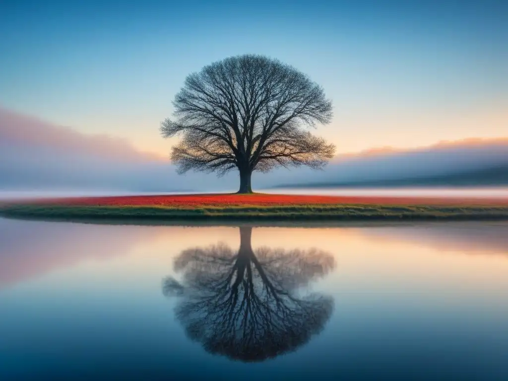 Un árbol solitario se alza en un campo vacío, con su reflejo en un lago sereno