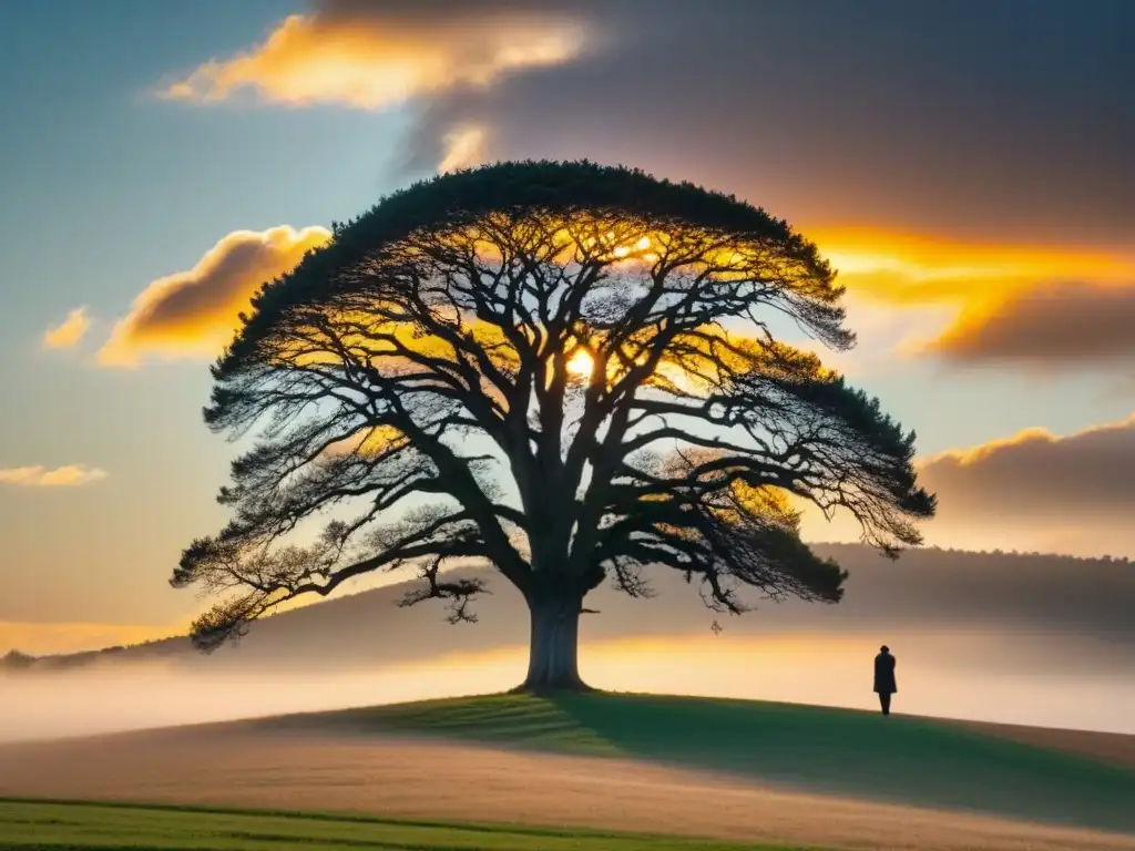 Un árbol solitario se alza en un campo vasto, con el sol poniéndose atrás