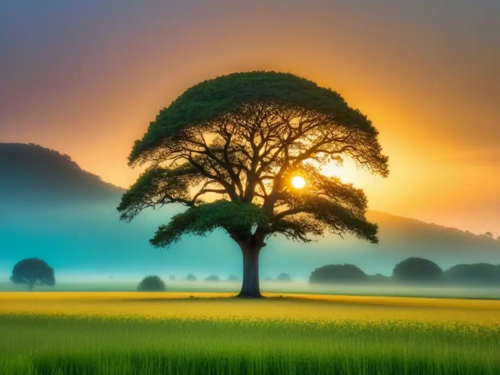 Un árbol solitario en un campo vasto al atardecer, hojas susurrando en la brisa