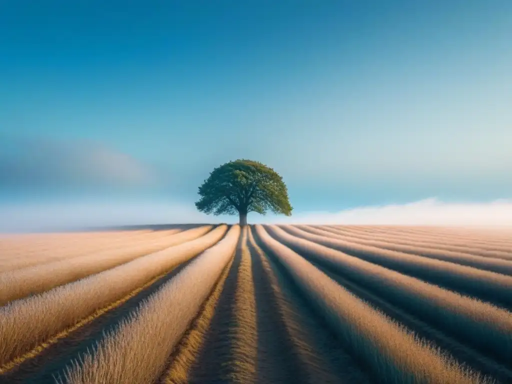 Árbol solitario en un campo vasto, bajo cielo azul