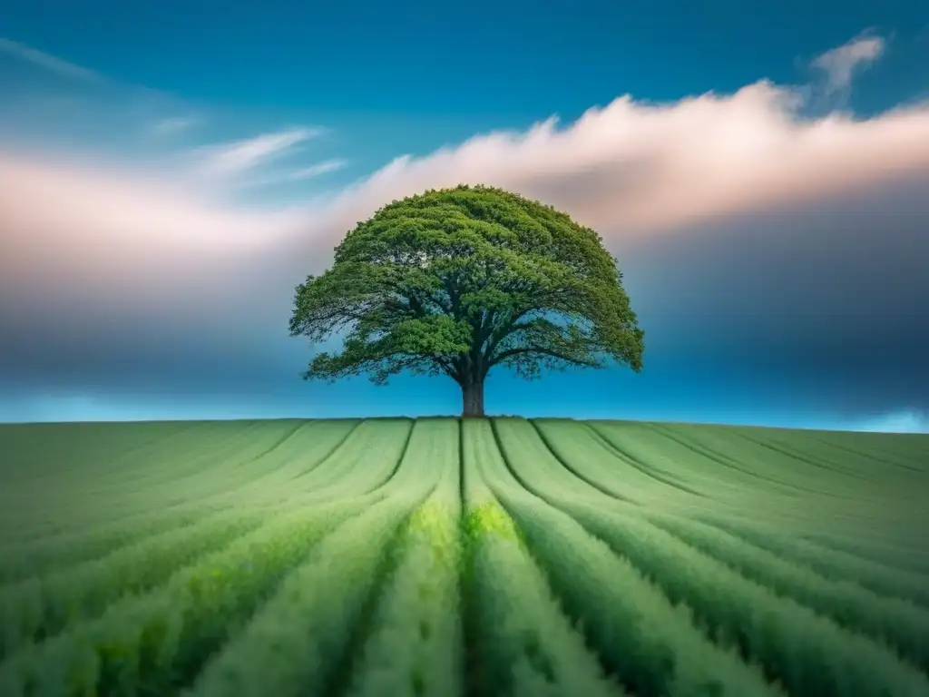 Un árbol solitario se yergue en un campo verde bajo un cielo azul, simbolizando la poesía como herramienta de concienciación