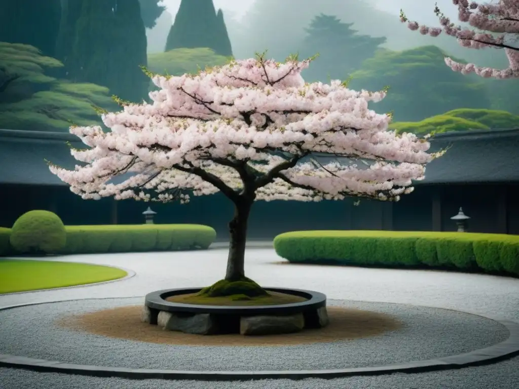 Un árbol solitario de cerezo en plena floración en un jardín japonés sereno, poesía asiática moderna alma exploración