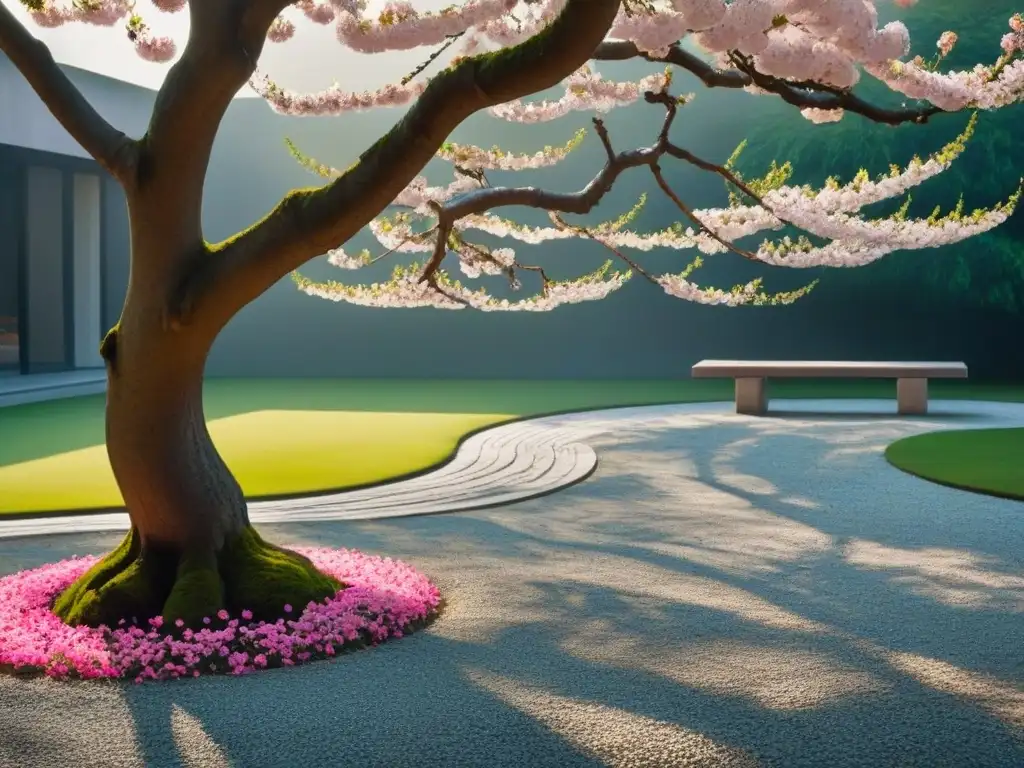 Árbol solitario de cerezo en jardín japonés, simbolismo estaciones poesía emociones transformador