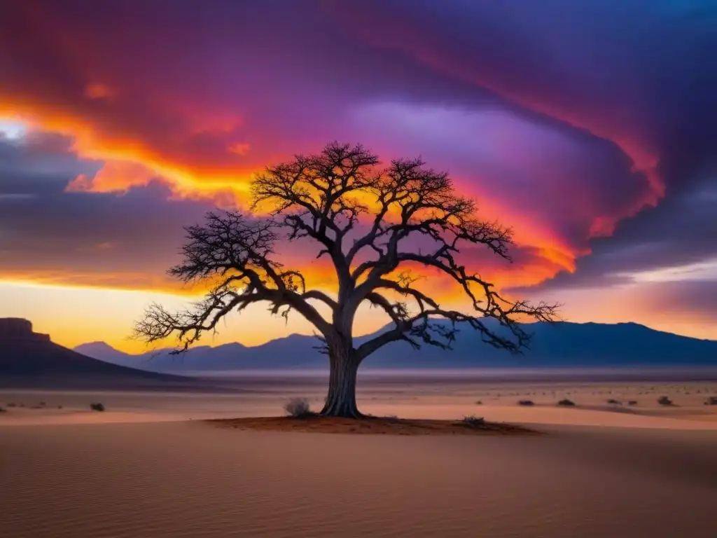 Un árbol solitario desafiando el desierto al atardecer