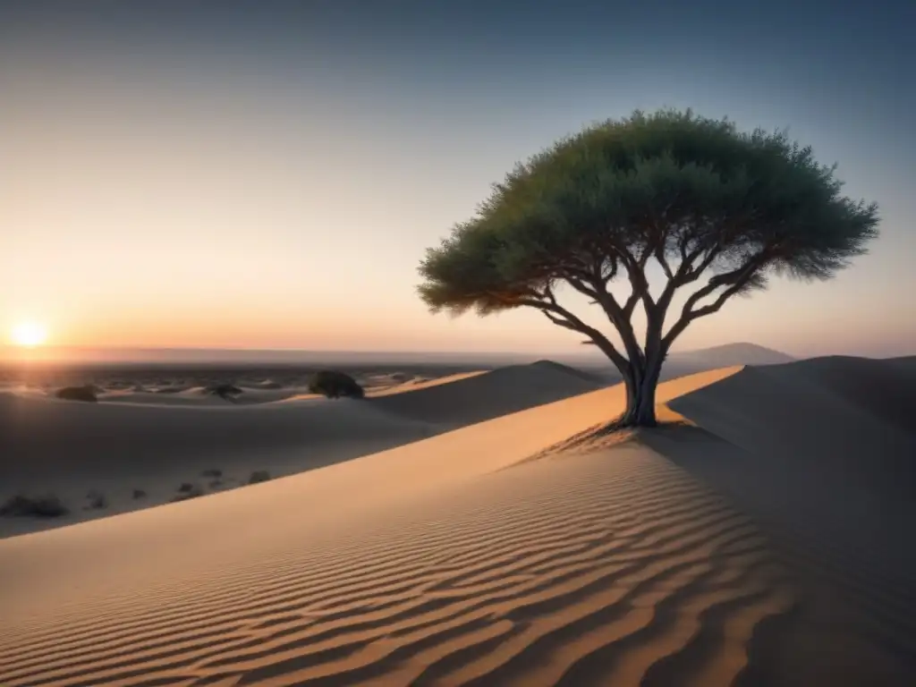 Árbol solitario: esperanza en el desierto Un árbol solitario se alza en un desierto al atardecer, sus ramas se extienden como testimonio de la poesía en el cambio climático