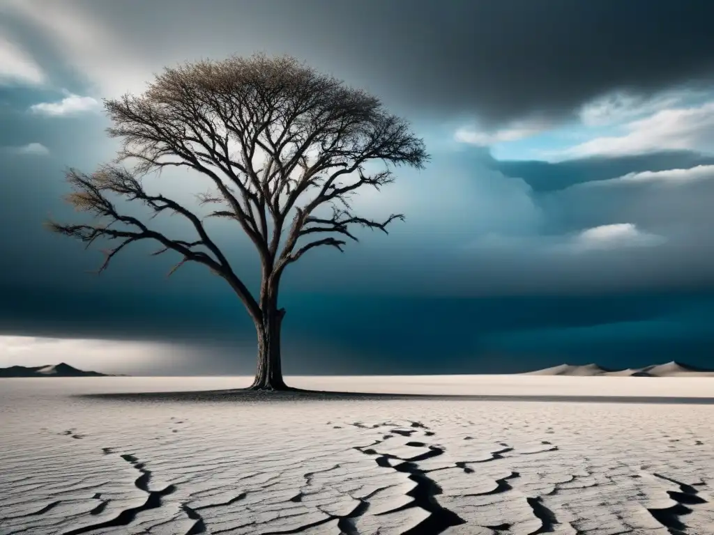 Árbol solitario en desierto bajo cielo dramático evoca poderosas imágenes mentales