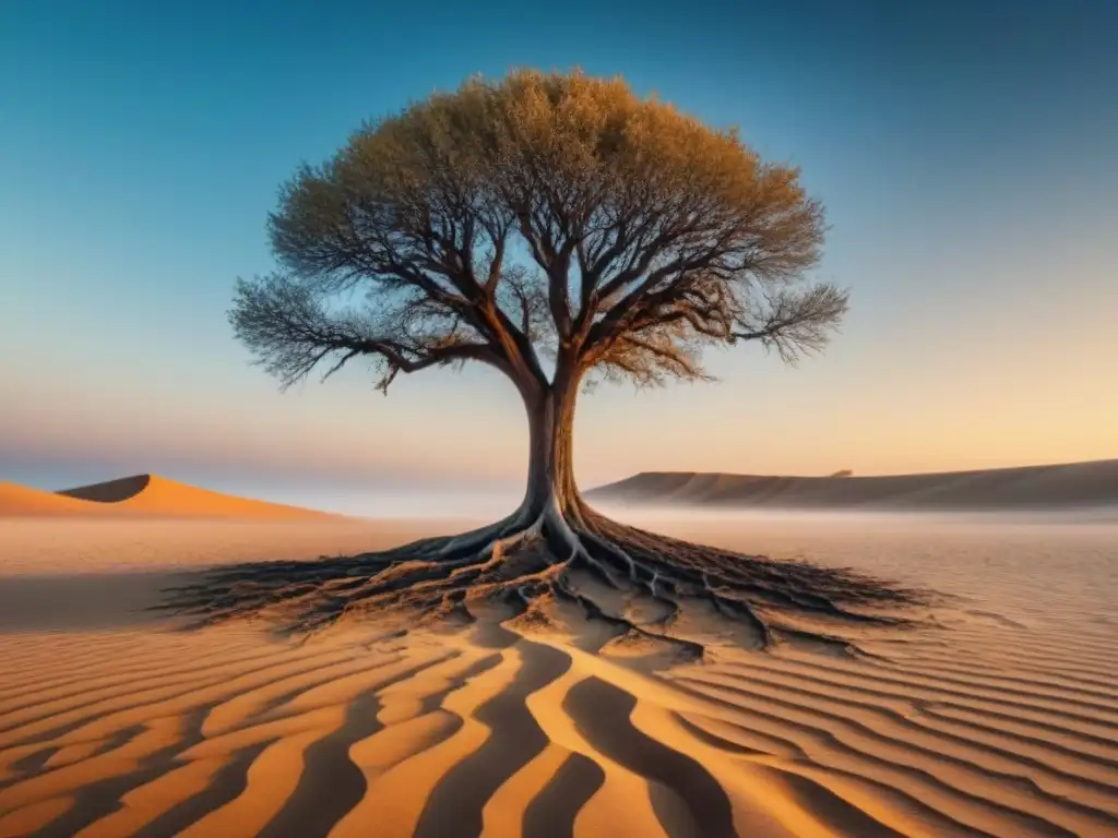 Un árbol solitario en un desierto extenso, sus raíces hundiéndose en la tierra seca, simbolizando la fuerza de las metáforas vivas en poesía