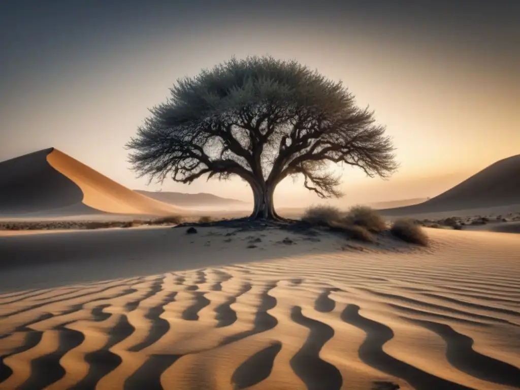 Árbol solitario en desierto, raíces profundas, poesía contra erosión y desertificación