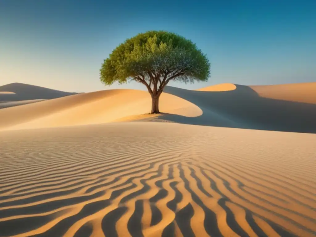 Un árbol solitario destaca en un desierto vacío bajo un cielo azul, detallado y con sombras precisas, ideal para 'Versos por la acción climática'