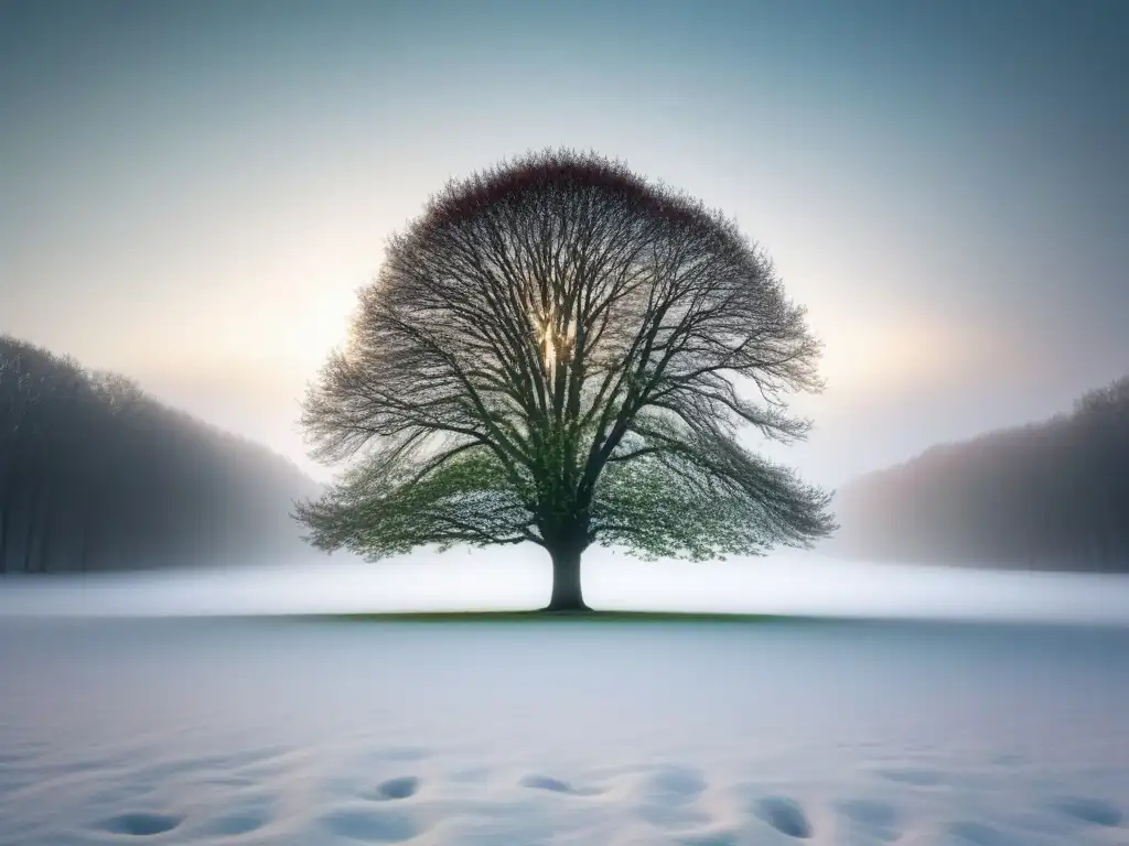 Un árbol solitario transita las estaciones en un ciclo simbólico transformador, representando las emociones en la poesía