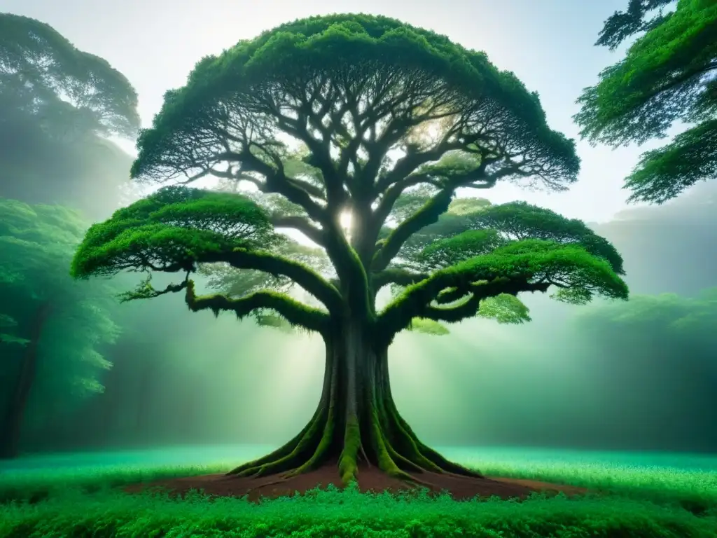 Un árbol solitario en un exuberante bosque, sus ramas se alzan majestuosas hacia el cielo, raíces enredadas en la tierra