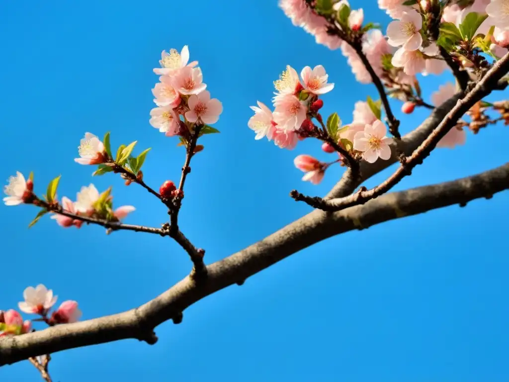 Árbol solitario de flor de cerezo en plena floración, sus pétalos rosados contrastan con el cielo azul