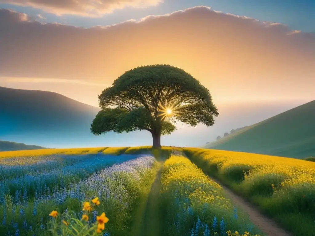 Un árbol solitario destaca entre flores silvestres en un prado sereno, bajo un cielo azul