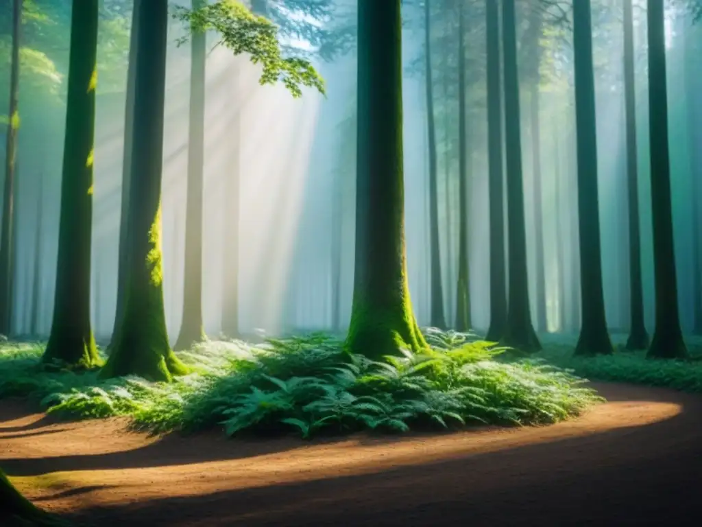 Un árbol solitario en un frondoso bosque, con luz filtrándose entre las hojas y creando sombras hipnóticas en el suelo