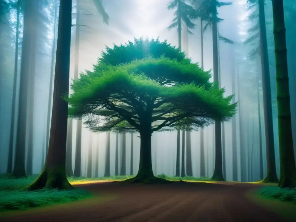 Un árbol solitario destaca en un frondoso bosque verde