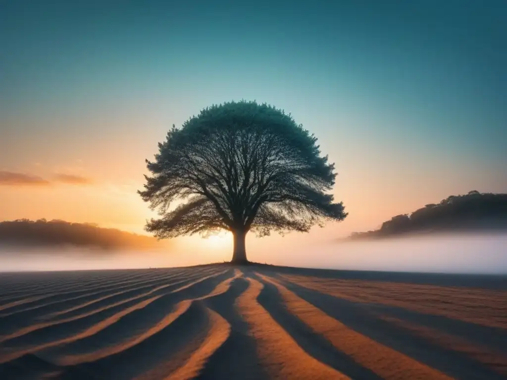 Un árbol solitario se alza fuerte en un paisaje árido, simbolizando la esperanza ante el cambio climático