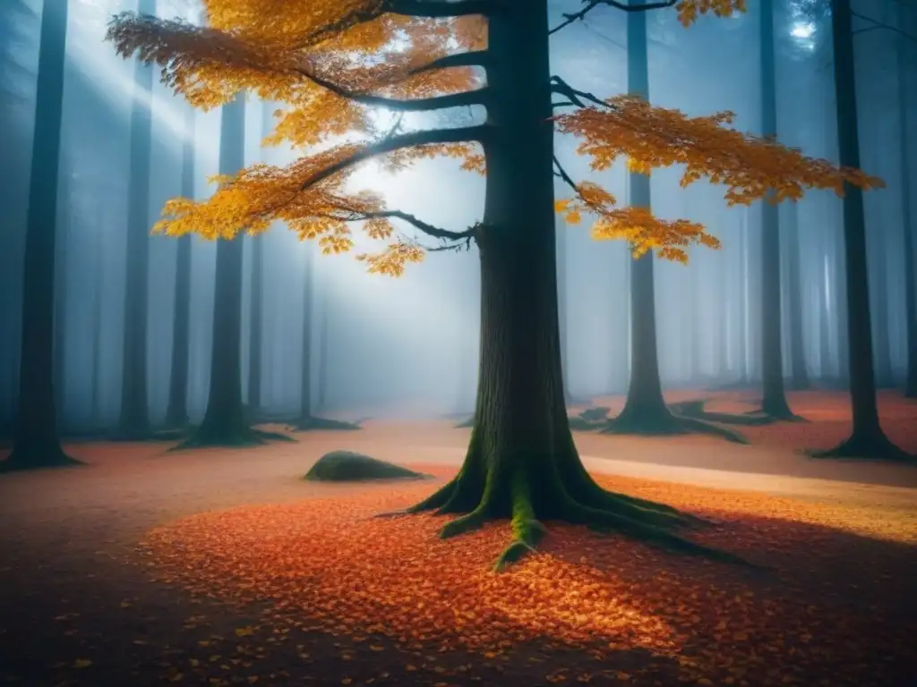 Árbol solitario con hojas doradas en un bosque otoñal, creando una poesía de transformadora profundidad y belleza