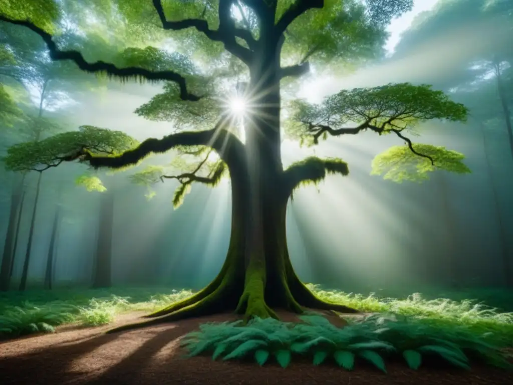 Un árbol solitario destaca en un inmenso bosque, sus ramas se elevan hacia el cielo en detalle, cada hoja y corteza visible con claridad