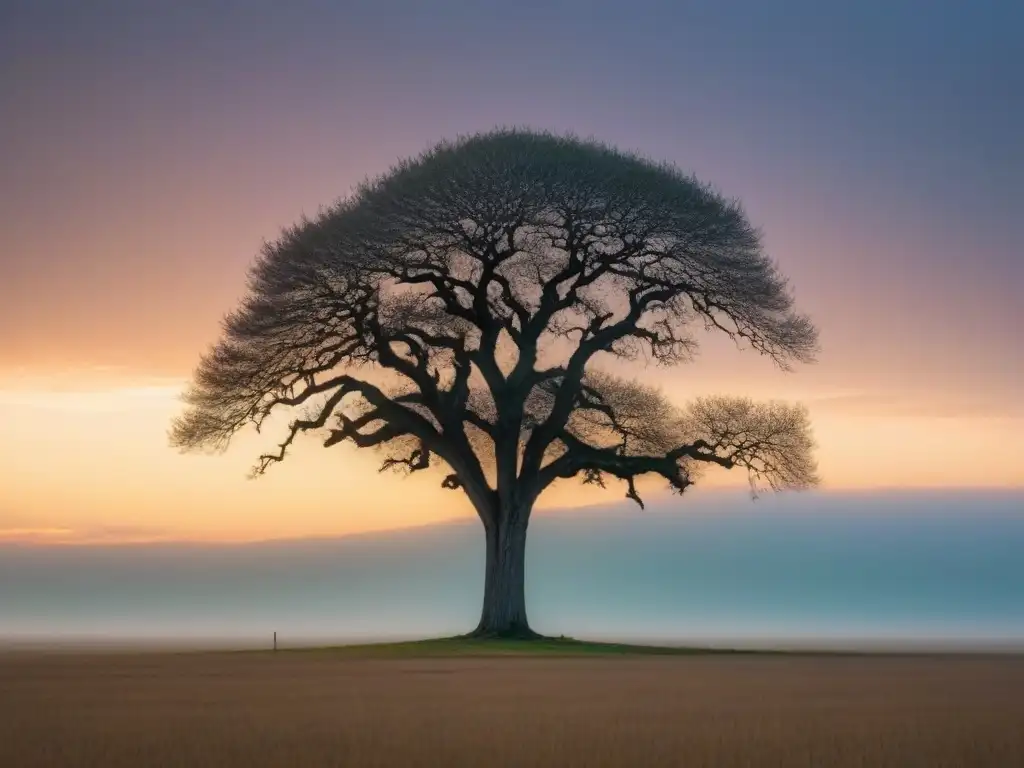 Un árbol solitario destaca en una llanura vacía bajo un cielo pastel, simbolizando la perseverancia ante la soledad