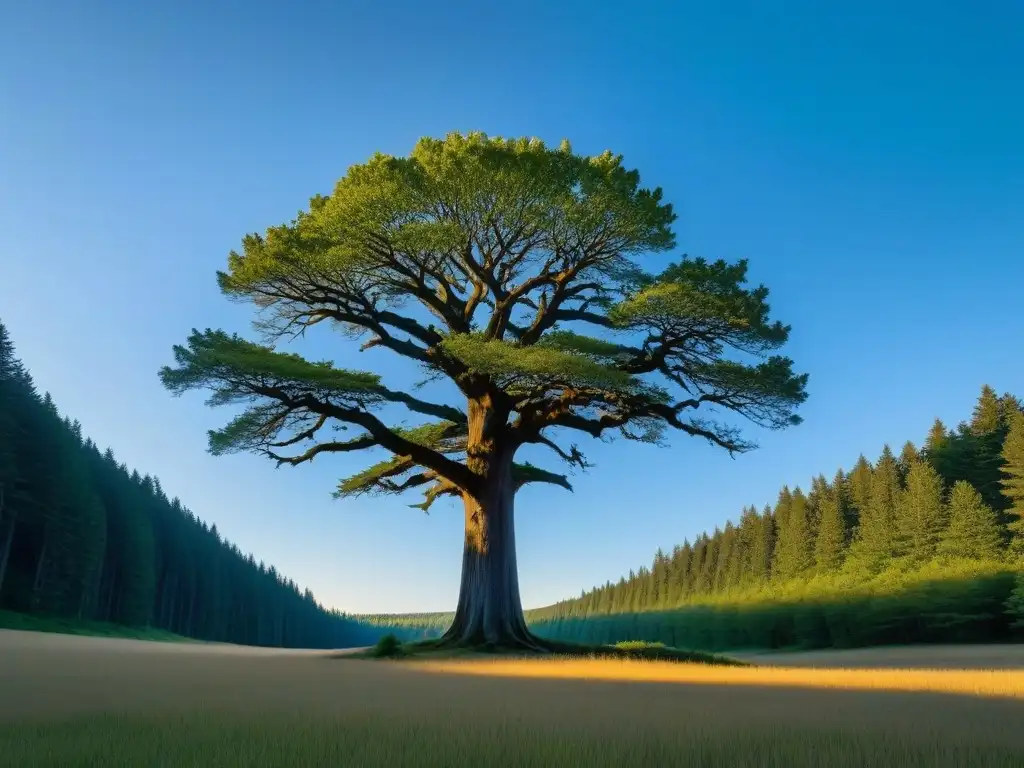 Un árbol solitario se alza majestuoso en un bosque virgen, simbolizando la poesía ecológica y la conciencia ambiental