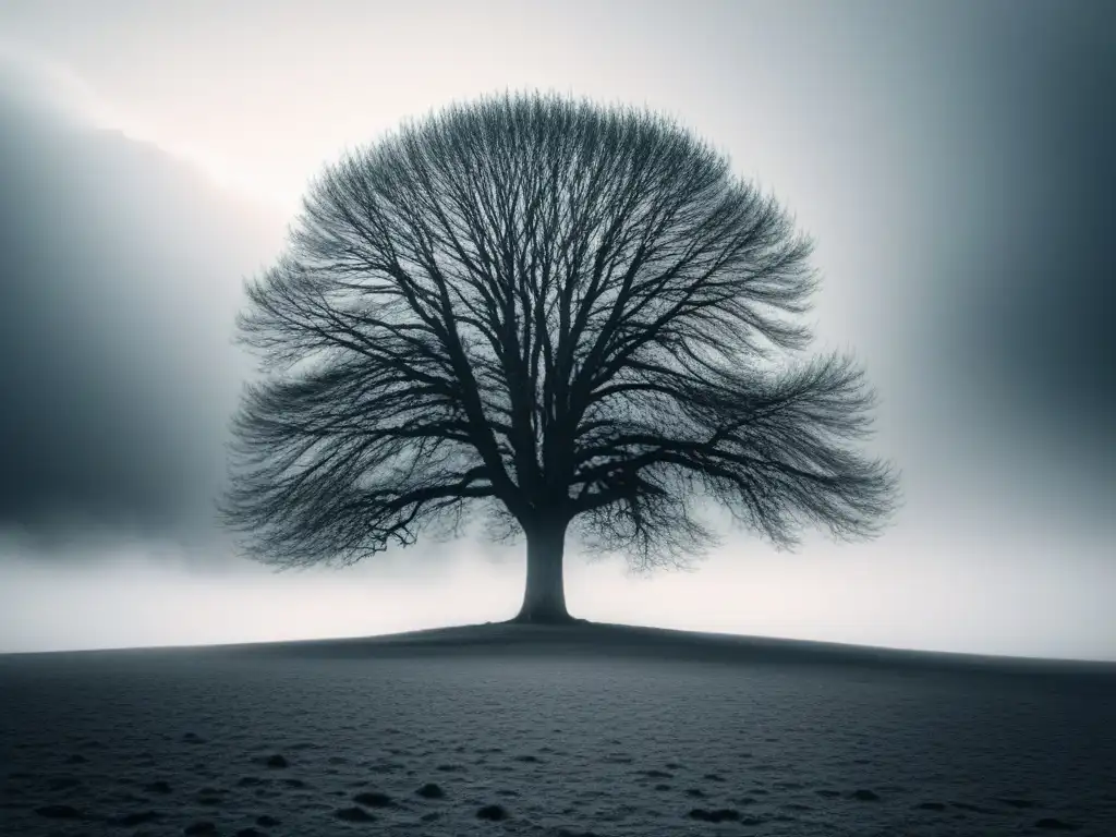 Un árbol solitario destaca en un paisaje árido y vasto, detallado y resiliente