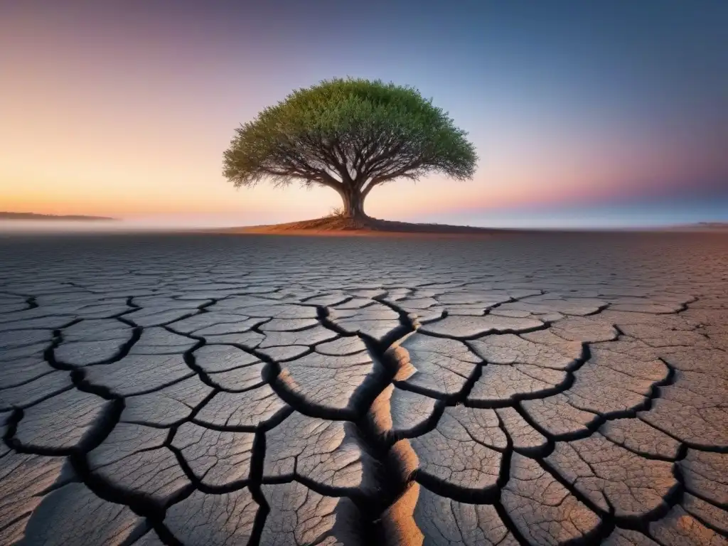 Un árbol solitario se alza en un paisaje árido, sus raíces se adentran en la tierra reseca