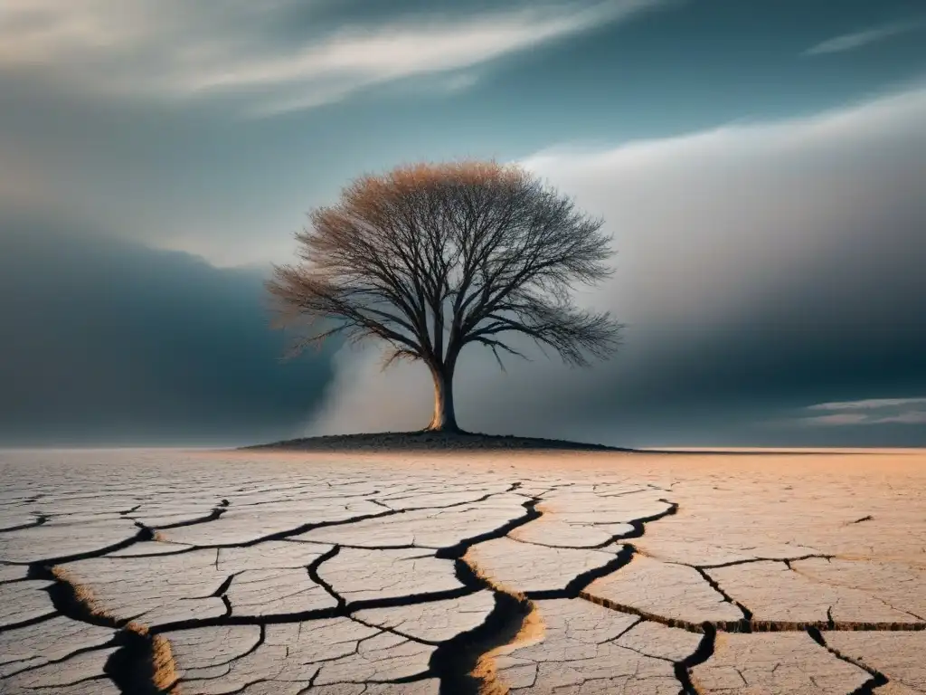 Un árbol solitario en un paisaje árido y contaminado, simbolizando la poesía en la era Antropoceno