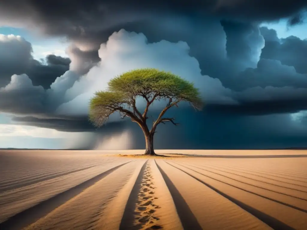 Un árbol solitario se alza en un paisaje árido bajo un cielo tormentoso, testimonio del cambio climático y la poesía como testigo