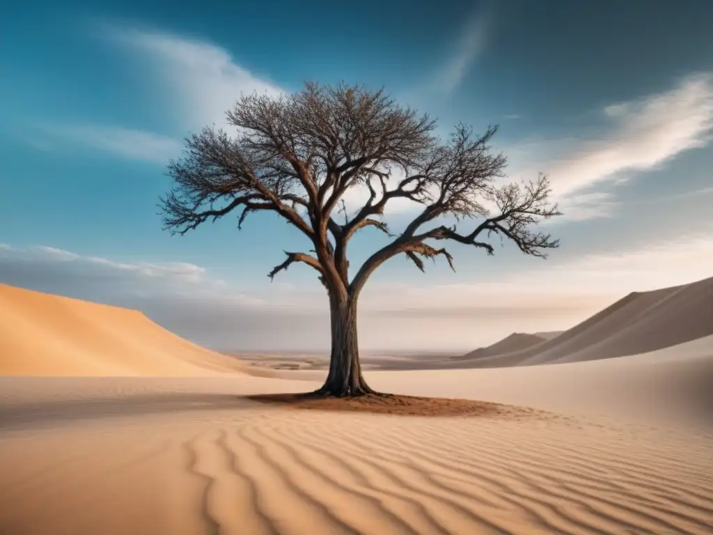 Un árbol solitario se alza en un paisaje desértico, sus ramas retorcidas como poesía sobre exilio y hogar